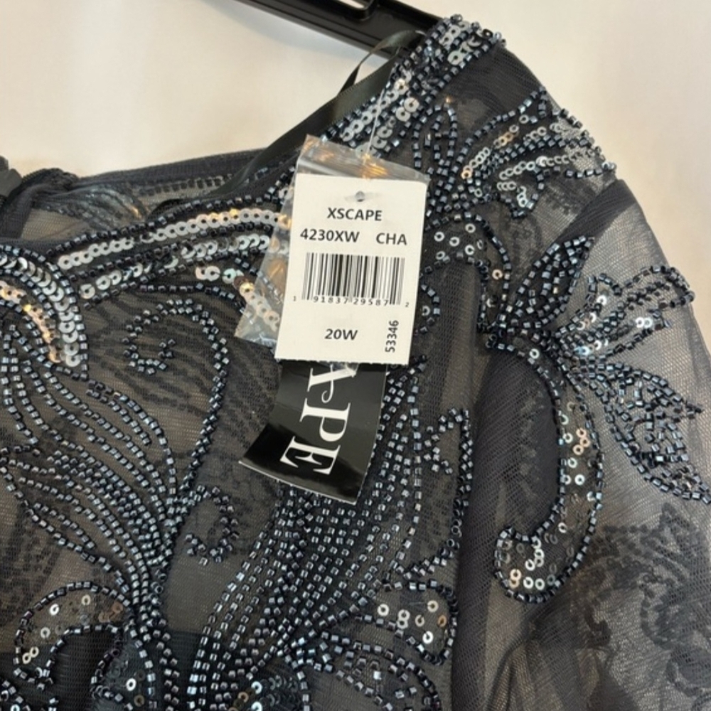 XSCAPE Women's Charcoal Beaded Chiffon Short Sleeve Formal Gown NWT - Picture 8 of 17
